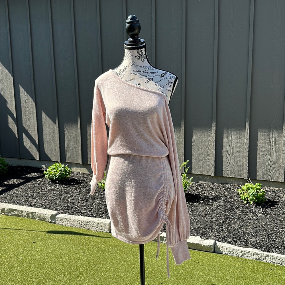 Soft, cozy beige colored off shoulder dress or long shirt by Venus size XS / S